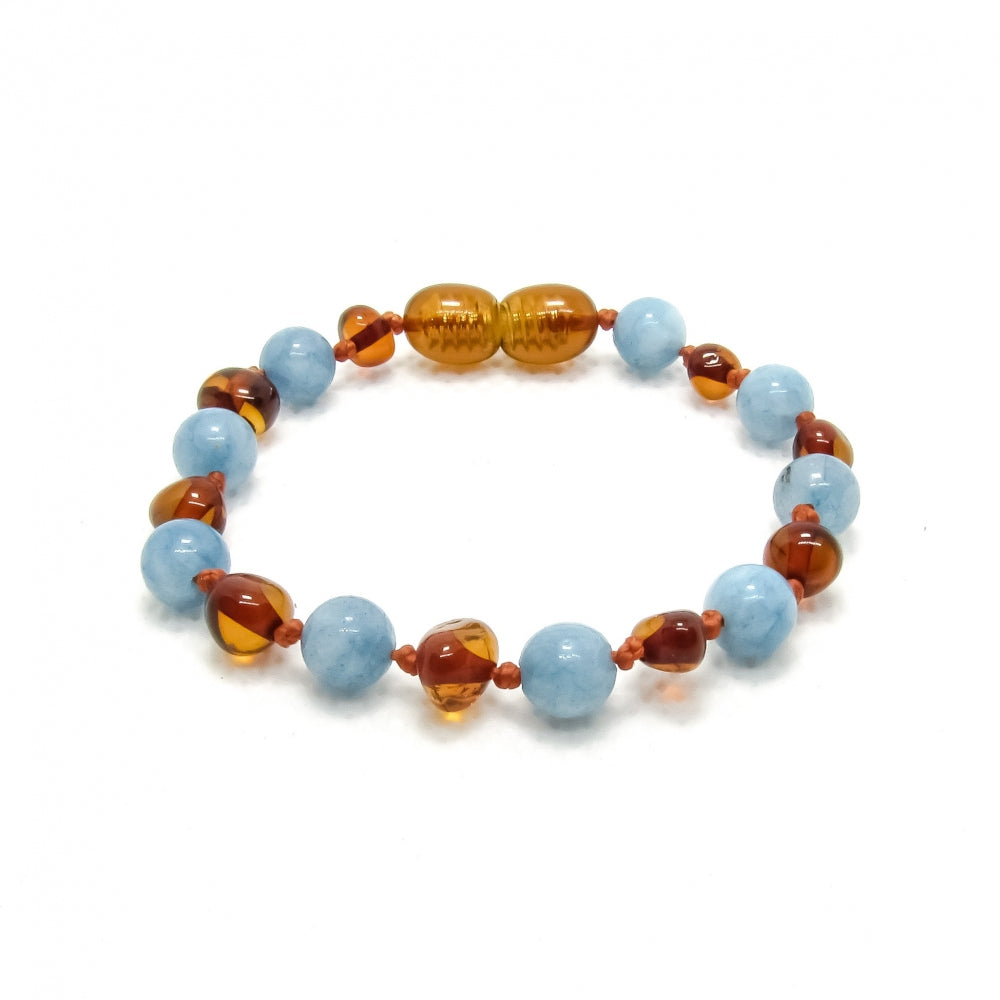 Wild Sun Barnsteen Armband Kind – 16,5 cm - Cognac / Aquamarijn