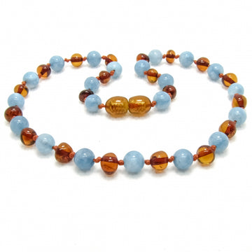 Wild Sun Barnsteen Ketting Baby / Peuter - 32 cm – Cognac / Aquamarijn