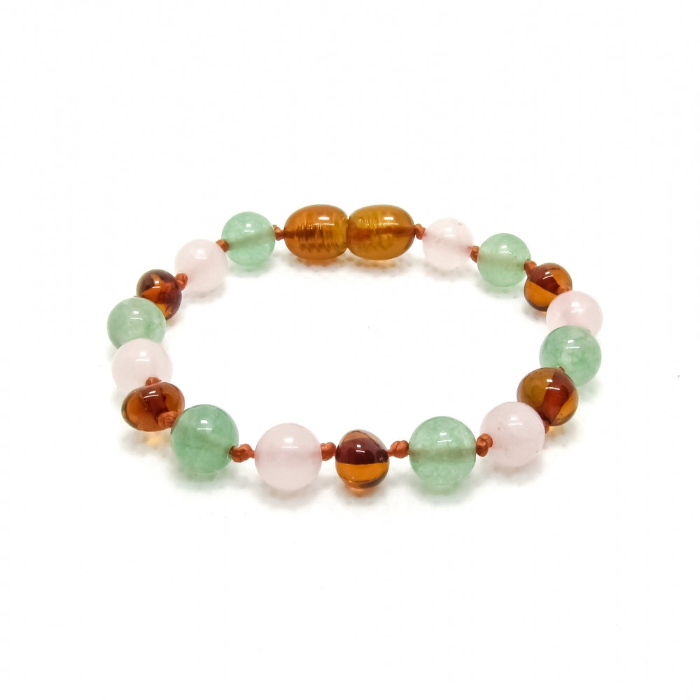 Wild Sun Barnsteen Armband Kind – 16,5 cm - Cognac / Aventurijn / Rozenkwarts