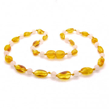 Wild Sun Barnsteen Ketting Baby - 32 cm – Beans - Honey / Rose Quartz